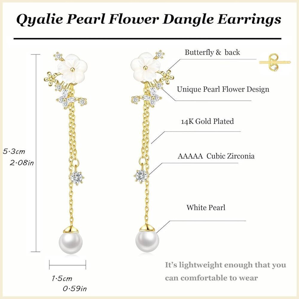 Pearl Drop Earrings Women Dangle Chain CZ Gold Statement Jewelry - Picture 2 of 6